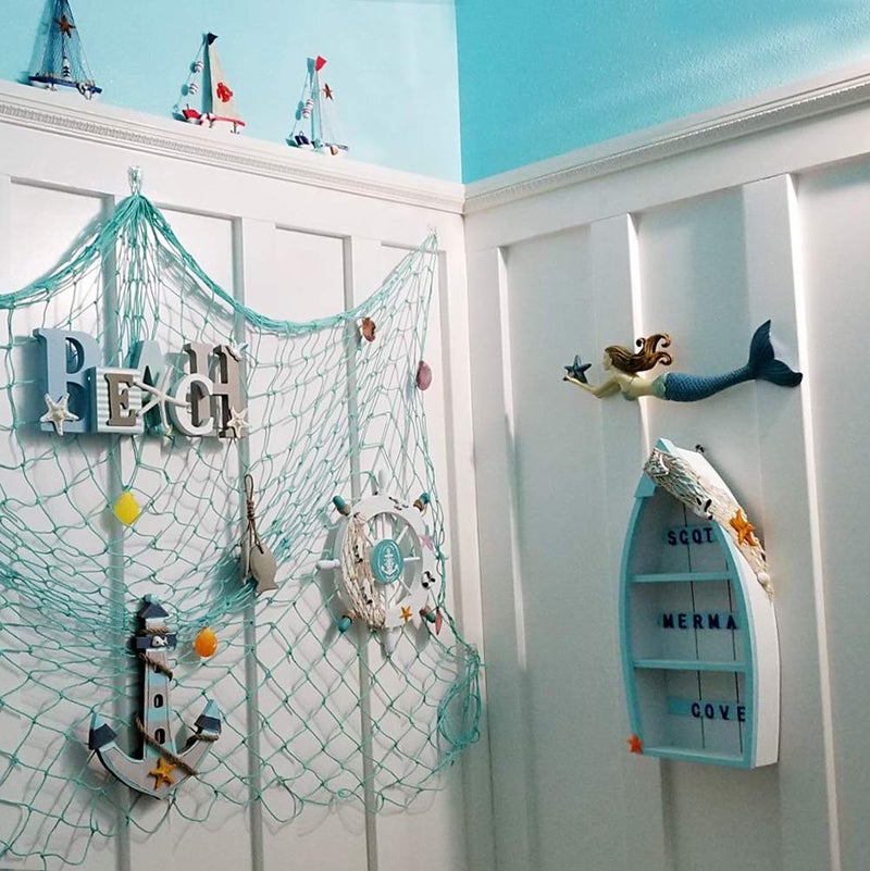Attraction Design Wooden Boat Shelf, 16.5" H Standing Boat Display with Fish Net Starfish Seashell Accents White Beach Nautical Theme Decor H (Boat Shelf) - Image 5